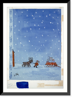 Santa Claus with 2 reindeer walking toward sleigh loaded with gifts, Historic Reproduction