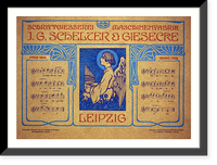 Advertisement in German for printers J.G. Shelter and Giesecke illustrated with angel at organ and 16 bars of music, Antique Print