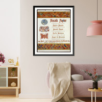 Advertisement in 5 languages for printer of mosaic paper Goldbach, Bischofswerda, Sachsen, Germany, illustrated with peacock, butterfly, etc, Antique Poster