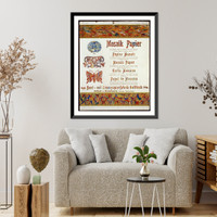 Advertisement in 5 languages for printer of mosaic paper Goldbach, Bischofswerda, Sachsen, Germany, illustrated with peacock, butterfly, etc, Antique Poster