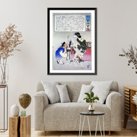 Humorous picture showing a Chinese man, kneeling, speaking to a woman sitting on a sofa, crying profusely, Antique Poster