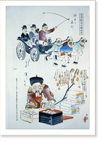 Historic Framed Print, [Humorous pictures showing the Chinese mode of transportation (four men harnessed to a carriage by their long pigtails) and a scene depicting the silk industry],  17-7/8" x 21-7/8"