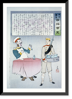 A Russian officer sitting at a table is about to eat, but a Japanese soldier is taking the meal away, indicating a Japanese victory over Russian forces, Antique Poster