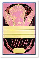 WPA poster design on red background showing the head and hands of a woman holding flowers and wheat above a banner, Historic Reproduction