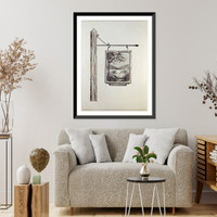 Historic Framed Print, [Hanging sign with tree, bowl and ladle in foregrd.],  17-7/8" x 21-7/8"