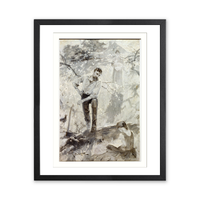 Historic Framed Print, [Woodcutter and family pausing to listen to seated girl reading about Washington].A. Castaigne. - 2,  17-7/8" x 21-7/8"