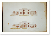 Houses and a church (Buildings Erected or Proposed to be Built in Virginia"). Front and rear elevations" - 2, Antique Print