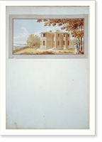 Houses and a church (Buildings Erected or Proposed to be Built in Virginia"). Perspective of house on James River, and sketch" - 2, Antique Poster