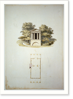 Houses and a church (Buildings Erected or Proposed to be Built in Virginia"). Lodge elevations and floor plan" - 2, Historic Print