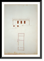 Houses and a church (Buildings Erected or Proposed to be Built in Virginia"). Side elevation and basement floor plan" - 2, Antique Poster