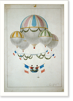 A lighter-than-air craft, consisting of one large balloon and four smaller balloons harnessed together, decorated with French flags, Vintage Wall Art