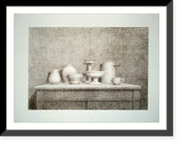Still life. 7 pieces of pottery on cupboard Classic, Antique Poster