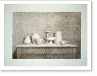 Still life. 7 pieces of pottery on cupboard Classic, Antique Poster