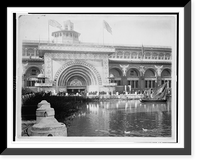 Historic Framed Print, [Transportation exhibit building with canal boat and ducks on canal(?) in foreground at the World's Columbian Exposition, Chicago, Illinois],  17-7/8" x 21-7/8"