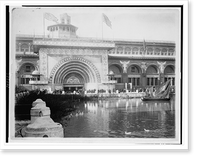 Historic Framed Print, [Transportation exhibit building with canal boat and ducks on canal(?) in foreground at the World's Columbian Exposition, Chicago, Illinois],  17-7/8" x 21-7/8"