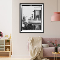 Historic Framed Print, [Mary Baker Eddy, full-length portrait, standing on balcony of her(?) home, facing left],  17-7/8" x 21-7/8"