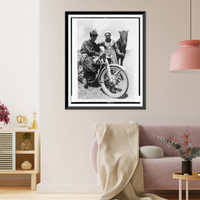 Collective farmer Bolzhimir Balzhimirov, on Moscow motorcycle and woman with horse in the Buryat-Mongolian Autonomous Soviet Socialist Republic, Siberia, Vintage Poster