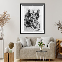Collective farmer Bolzhimir Balzhimirov, on Moscow motorcycle and woman with horse in the Buryat-Mongolian Autonomous Soviet Socialist Republic, Siberia, Vintage Poster