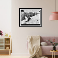 Man on horseback leading pack horse down Government trail, and telephone lines down Davis Creek Canyon, Wallowa National Forest, Oregon Classic, Antique Print
