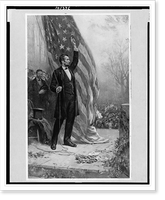 Abraham Lincoln, standing, full-length, facing right, holding rope of flag(?), arm upraised Classic, Historic Print
