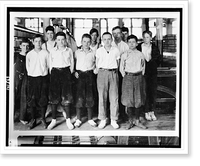 Group of younger workers in mule room. All but two are 14 and 15 years old. Going home at 11 A.M. Berkshire Cotton Mills. Location: Adams, Massachusetts.Lewis W. Hine, Antique Print