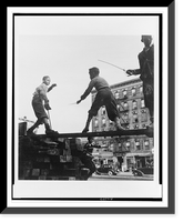 Four boys, three of them on beam of ruins(?) of building, playing with toy swords, Harlem, New York, Vintage Wall Art