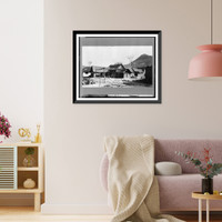 China. mud-brick houses with thatch roofs, people in yard in foreground Classic, Vintage Wall Art