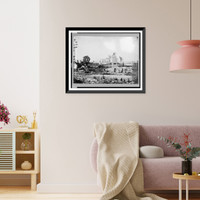 Historic Framed Print, [Ruins at Hampton, Virginia showing chimneys, and man standing],  17-7/8" x 21-7/8"
