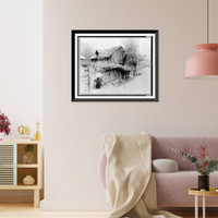 Woman and child standing by fence of farmyard, Romania Classic, Vintage Print