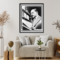 Salvatore Quasimodo, half-length portrait, facing left, looking at book, Antique Print