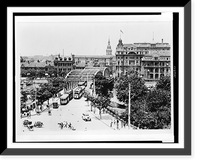 Historic Framed Print, [Bird's-eye view of Shanghai, China, showing streetcars crossing bridge, and buildings in background],  17-7/8" x 21-7/8"