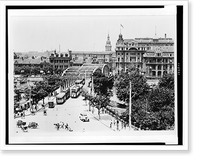 Historic Framed Print, [Bird's-eye view of Shanghai, China, showing streetcars crossing bridge, and buildings in background],  17-7/8" x 21-7/8"