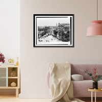 Historic Framed Print, [Bird's-eye view of Shanghai, China, showing streetcars crossing bridge, and buildings in background],  17-7/8" x 21-7/8"