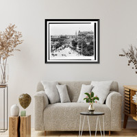 Historic Framed Print, [Bird's-eye view of Shanghai, China, showing streetcars crossing bridge, and buildings in background],  17-7/8" x 21-7/8"