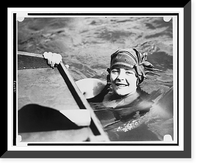 Head-and-shoulders portrait of young woman, wearing fancy bathing cap, in water, Antique Print