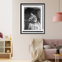 Historic Framed Print, [Unidentified woman, about 20 years of age, three-quarter length portrait, three-quarters to the left, seated in chair beside small table with tablecloth, wearing bonnet and black lace gloves; hands in lap,,  17-7/8" x 21-7/8"