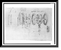 Historic Framed Print, [Reproduction of page from notebook of Leonardo da Vinci showing a geared device assembled and disassembled],  17-7/8" x 21-7/8"