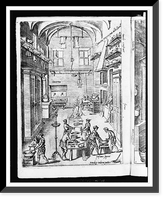 Interior view of large, spacious kitchen with cooks preparing a meal, Historic Reproduction