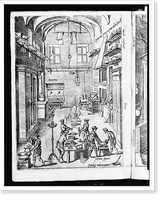 Interior view of large, spacious kitchen with cooks preparing a meal, Historic Reproduction