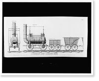 Rear and side view of George Stephenson's steam locomotive and railroad cars of the Stockton and Darlington Railway, Vintage Print