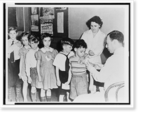 Health in a U.S. city - a serum and vaccine farm. Children await inoculation, Antique Poster