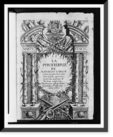 Title page illustration for La pyrotechnie showing columns, arches, a huge fire emanating from a cauldron, cannons and cannon barrels of various sizes, as well as flaming cannon balls Heritage Wa