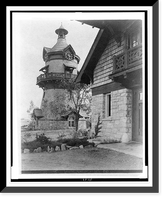 Windmill-shaped clock tower at left, and part of garage of Edmund Cogswell Converse at right, Greenwich, Connecticut, Vintage Print