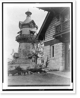 Windmill-shaped clock tower at left, and part of garage of Edmund Cogswell Converse at right, Greenwich, Connecticut, Vintage Print