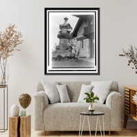 Windmill-shaped clock tower at left, and part of garage of Edmund Cogswell Converse at right, Greenwich, Connecticut, Vintage Print