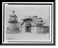 Windmill-shaped clock tower at left, and part of garage of Edmund Cogswell Converse, with two men on automobile at right, Greenwich, Connecticut Classic, Historic Print