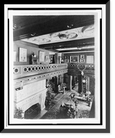 Room with balcony, paintings, fireplace, grandfather clock, and elk head, in home of Edmund Cogswell Converse, Greenwich, Connecticut, Historic Reproduction