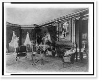 Interior with painting of nude woman and cupid, over fireplace, French provincial furniture, and heavily draped windows at left, in home of Edmund Cogswell Converse, Greenwich, Connecticut Vintag