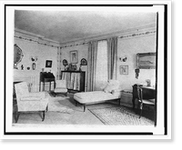 Bedroom with fireplace, padded chaise longue, window, and polar bear rug, in home of Edmund Cogswell Converse, Greenwich, Connecticut, Antique Poster