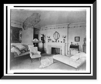 Bedroom with fireplace, padded chaise longue, sofa, male nude statuette, and polar bear rug, in home of Edmund Cogswell Converse, Greenwich, Connecticut Classic, Antique Poster